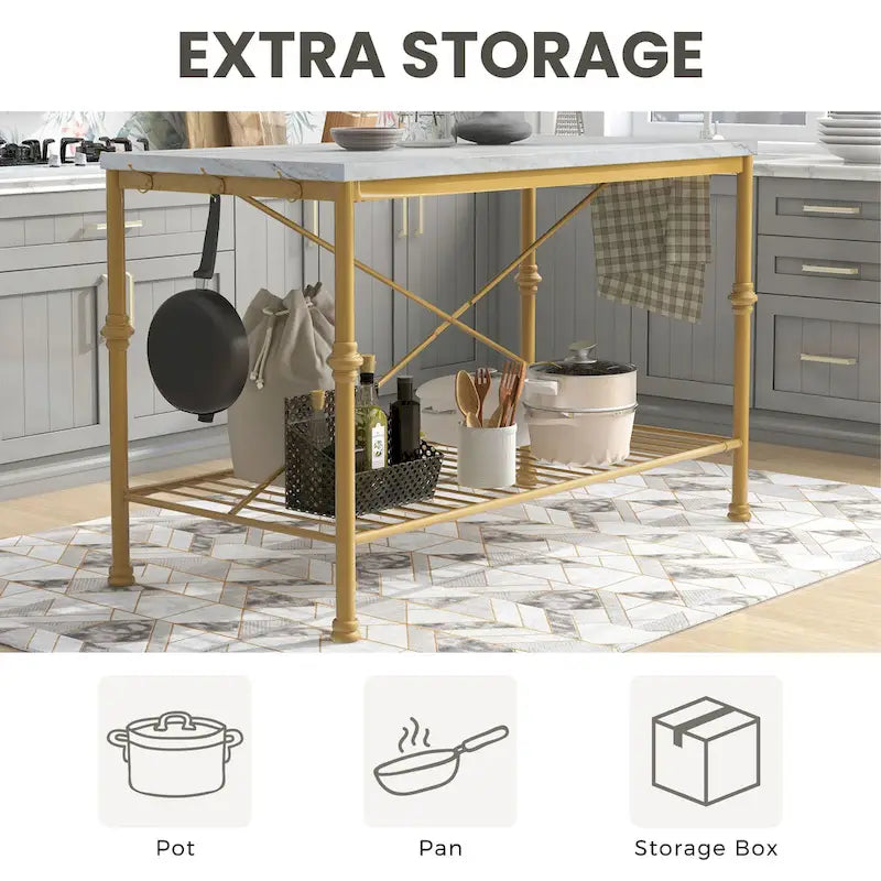 Îlot de cuisine contemporain blanc et or de 58 pouces de large avec plateau en marbre par