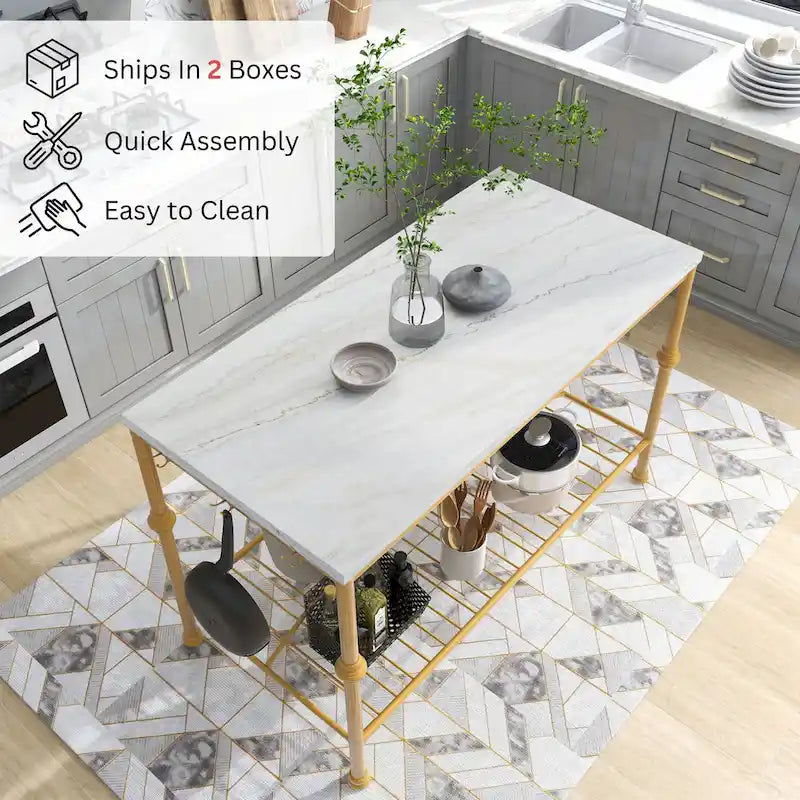 Îlot de cuisine contemporain blanc et or de 58 pouces de large avec plateau en marbre par