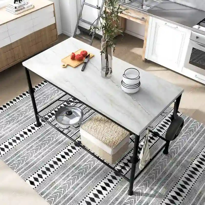 Îlot de cuisine contemporain blanc et or de 58 pouces de large avec plateau en marbre par