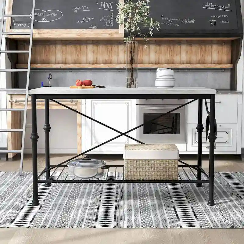 Îlot de cuisine contemporain blanc et or de 58 pouces de large avec plateau en marbre par