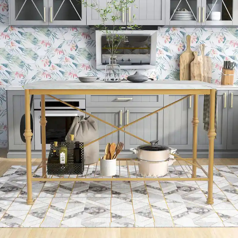 Îlot de cuisine contemporain blanc et or de 58 pouces de large avec plateau en marbre par