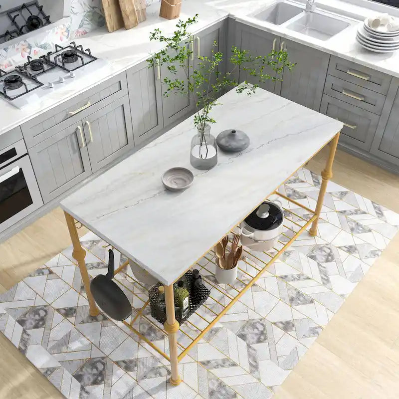 Îlot de cuisine contemporain blanc et or de 58 pouces de large avec plateau en marbre par