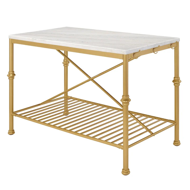 Îlot de cuisine contemporain blanc et or de 58 pouces de large avec plateau en marbre par