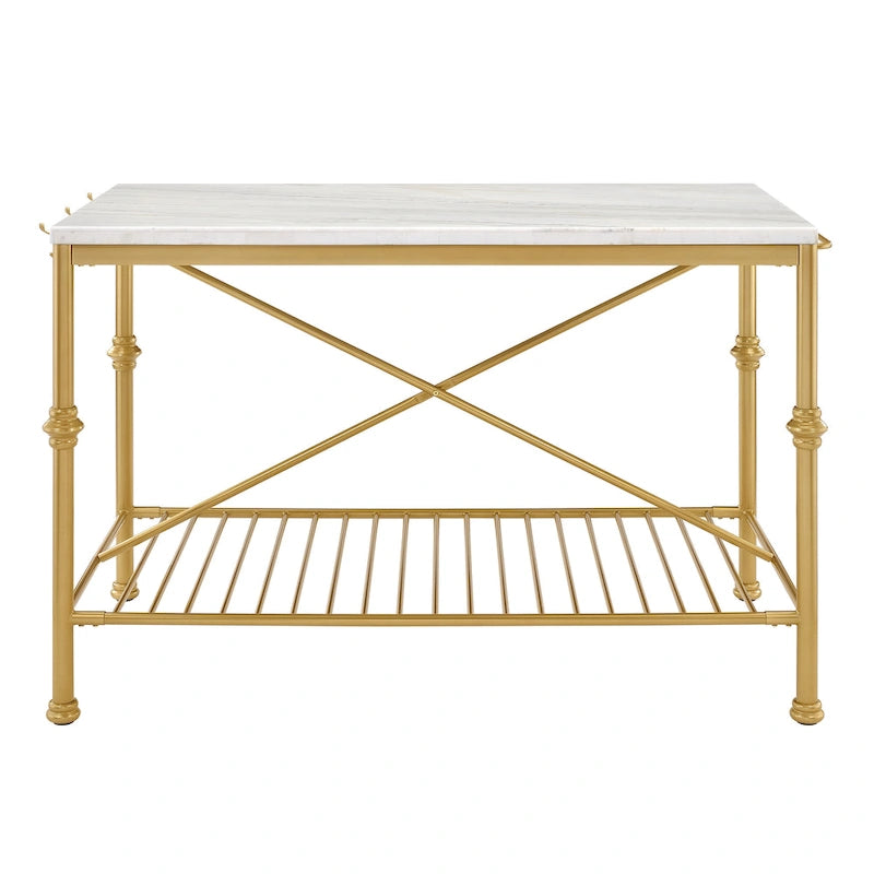 Îlot de cuisine contemporain blanc et or de 58 pouces de large avec plateau en marbre par