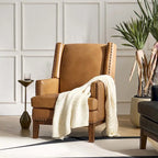 Fauteuil en cuir véritable avec cadre en bois massif et coussin de siège amovible par
