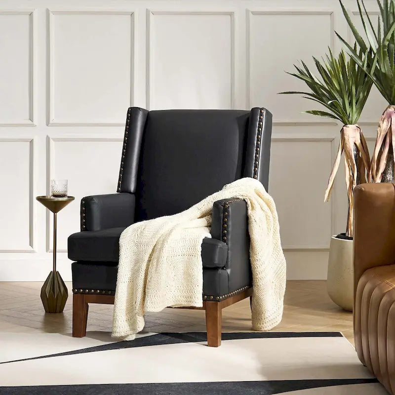Fauteuil en cuir véritable avec cadre en bois massif et coussin de siège amovible par