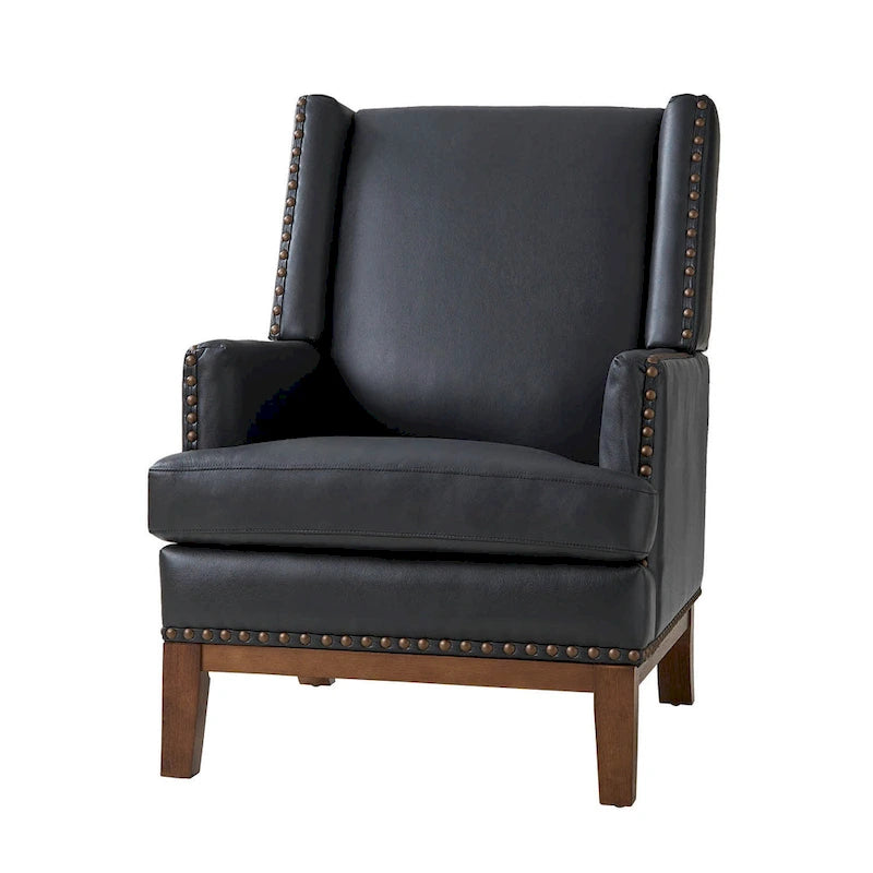 Fauteuil en cuir véritable avec cadre en bois massif et coussin de siège amovible par