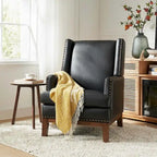 Fauteuil en cuir véritable avec cadre en bois massif et coussin de siège amovible par