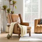 Fauteuil en cuir véritable avec cadre en bois massif et coussin de siège amovible par