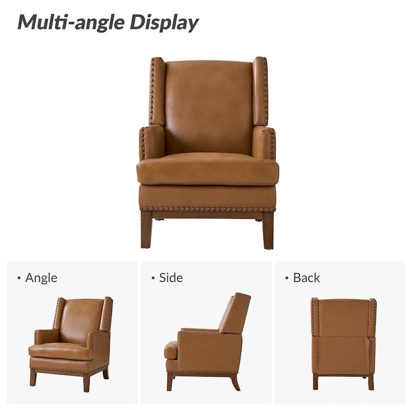 Fauteuil en cuir véritable avec cadre en bois massif et coussin de siège amovible par