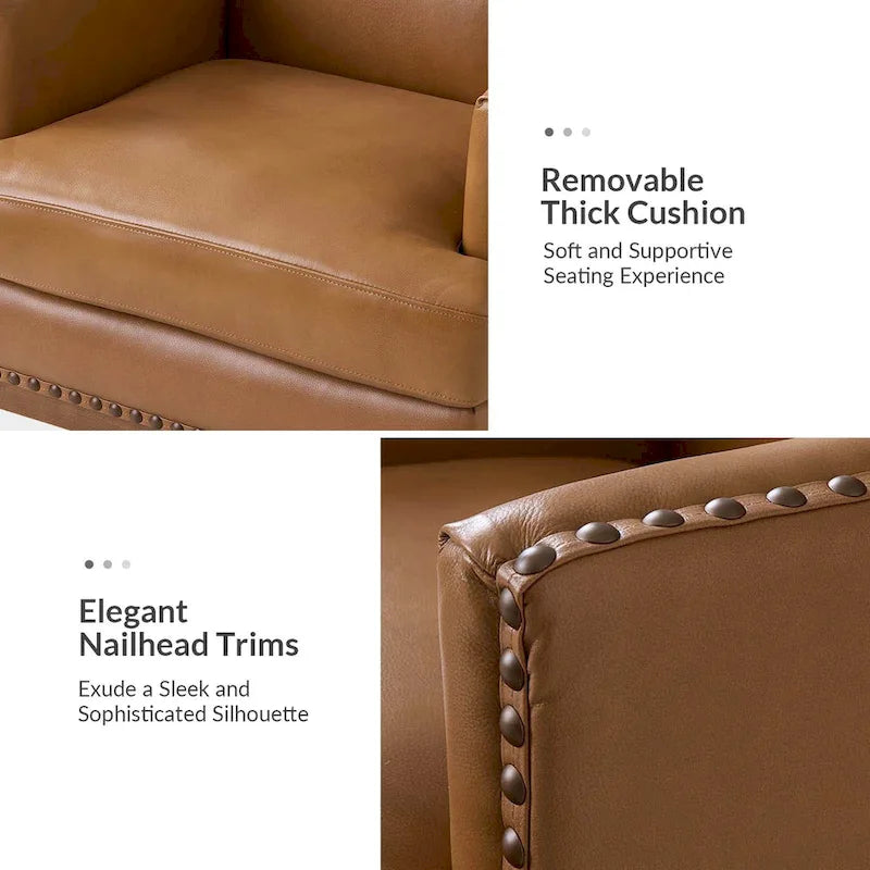 Fauteuil en cuir véritable avec cadre en bois massif et coussin de siège amovible par