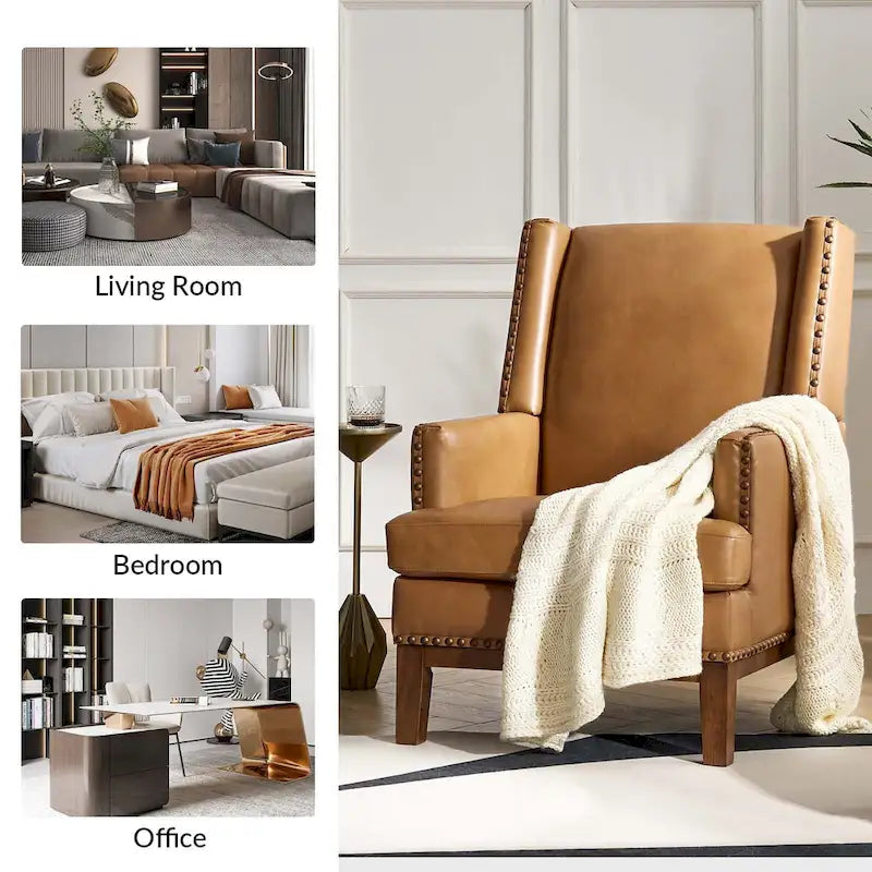Fauteuil en cuir véritable avec cadre en bois massif et coussin de siège amovible par