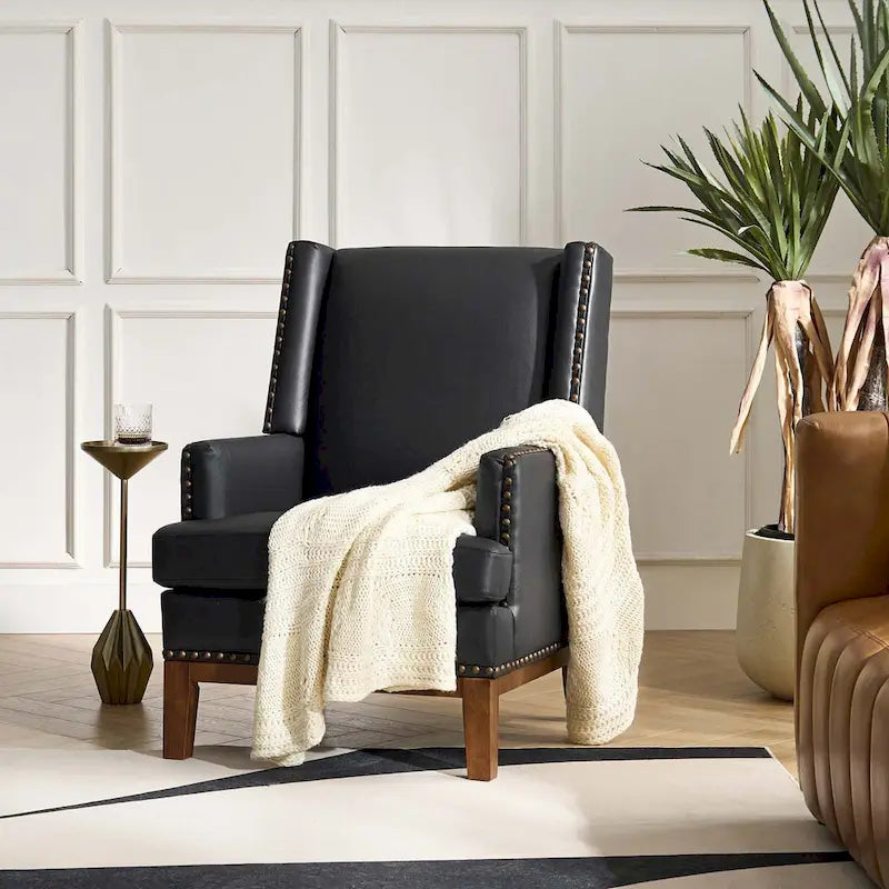 Fauteuil en cuir véritable avec cadre en bois massif et coussin de siège amovible par