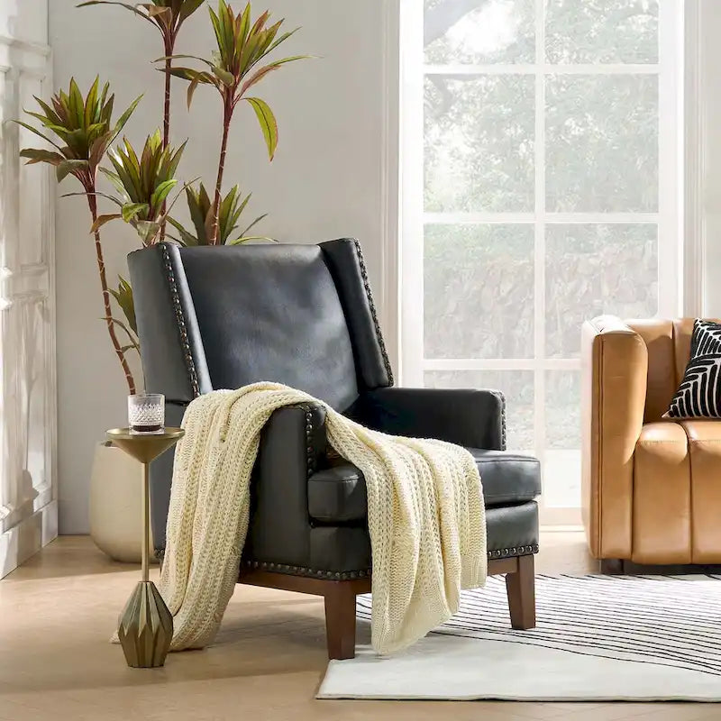 Fauteuil en cuir véritable avec cadre en bois massif et coussin de siège amovible par