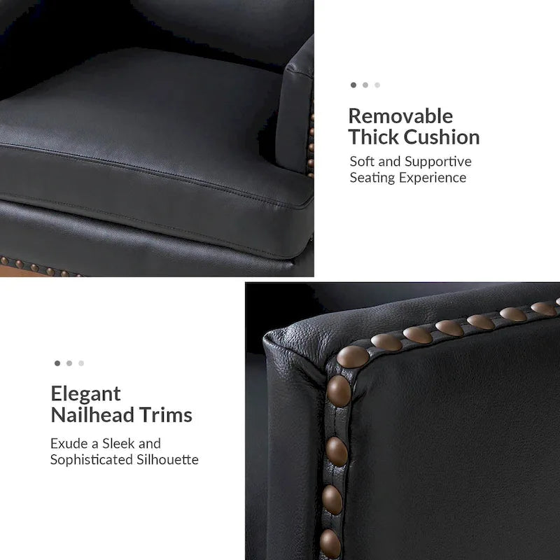 Fauteuil en cuir véritable avec cadre en bois massif et coussin de siège amovible par