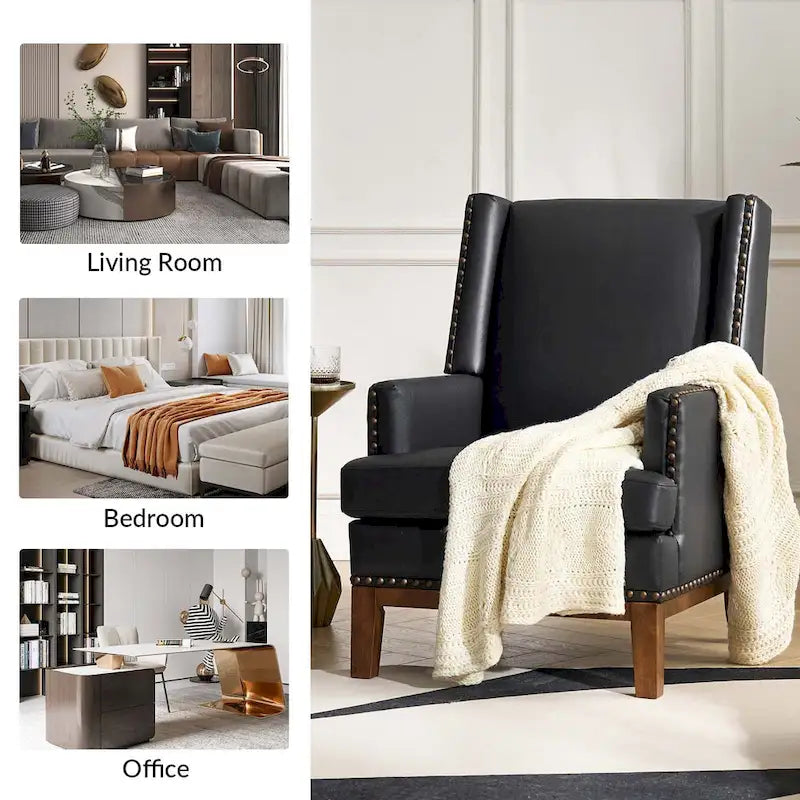 Fauteuil en cuir véritable avec cadre en bois massif et coussin de siège amovible par
