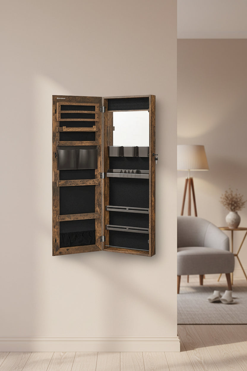 White Wooden Lockable Jewelry Cabinet Armoire with Mirror - 14.8L x 3.8W x 42.5H