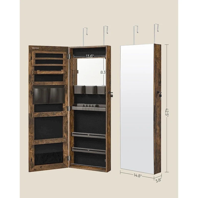 Armoire à bijoux verrouillable en bois blanc avec miroir – 14,8L x 3,8P x 42,5H