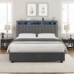 Lit de rangement Queen Size avec vérins à gaz et lumières LED RF, tête de lit de rangement, velours Queen Size