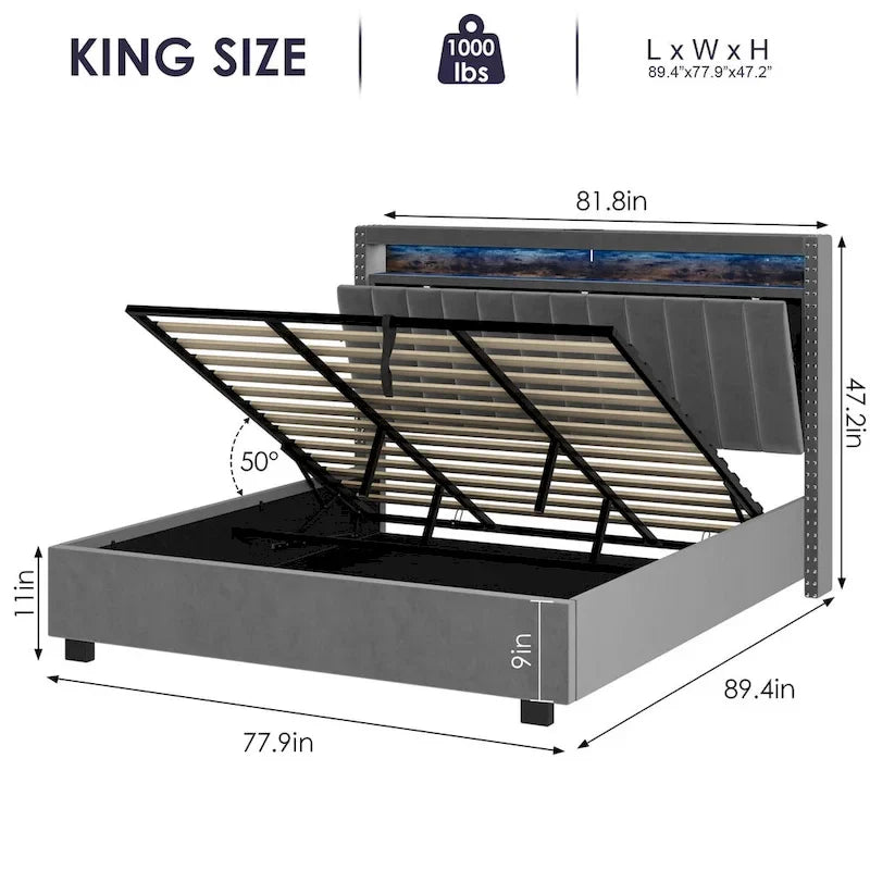 Lit de rangement Queen Size avec vérins à gaz et lumières LED RF, tête de lit de rangement, velours Queen Size