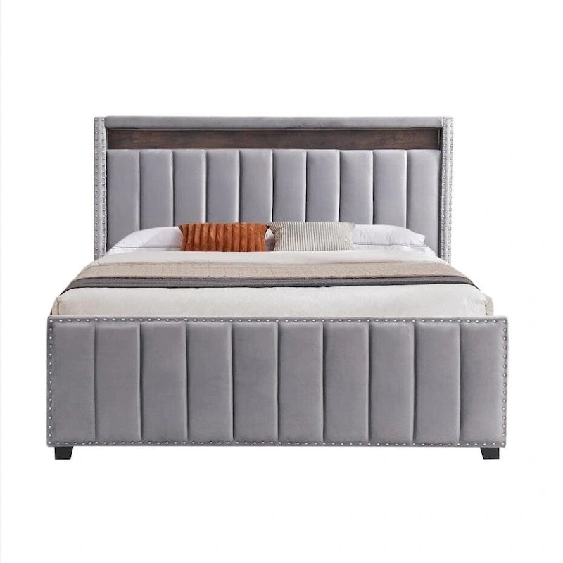 Lit de rangement Queen Size avec vérins à gaz et lumières LED RF, tête de lit de rangement, velours Queen Size