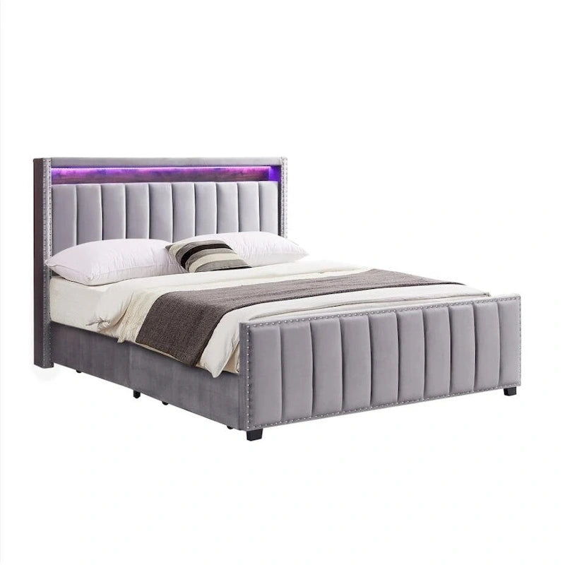 Lit de rangement Queen Size avec vérins à gaz et lumières LED RF, tête de lit de rangement, velours Queen Size