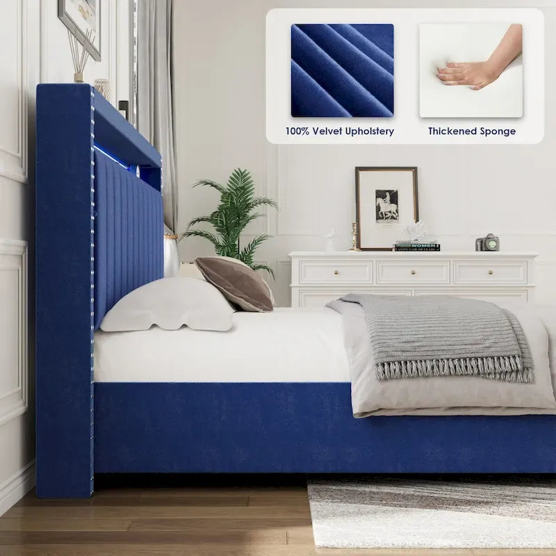 Lit de rangement Queen Size avec vérins à gaz et lumières LED RF, tête de lit de rangement, velours Queen Size
