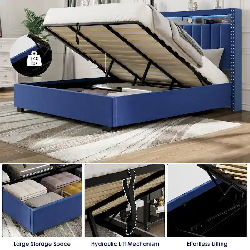 Lit de rangement Queen Size avec vérins à gaz et lumières LED RF, tête de lit de rangement, velours Queen Size