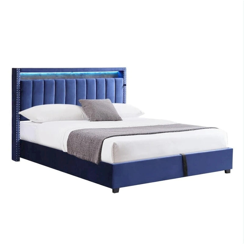 Lit de rangement Queen Size avec vérins à gaz et lumières LED RF, tête de lit de rangement, velours Queen Size