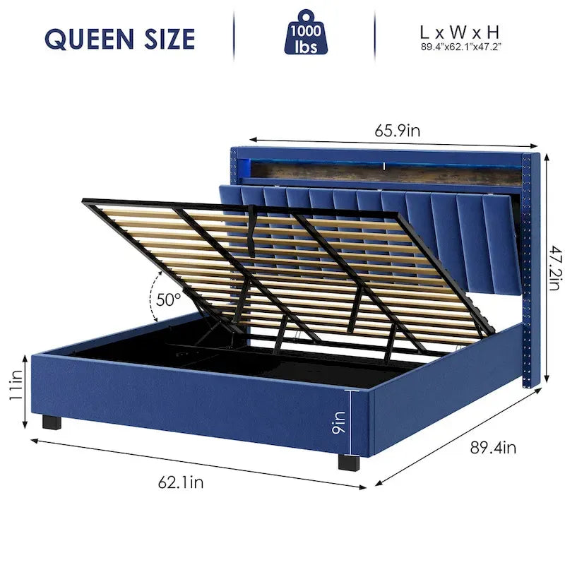 Lit de rangement Queen Size avec vérins à gaz et lumières LED RF, tête de lit de rangement, velours Queen Size