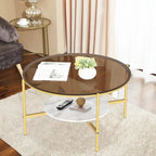 Table de rangement ronde à café à 2 niveaux avec plateau en verre trempé et table d'appoint en pierre frittée
