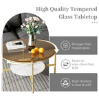 Table de rangement ronde à café à 2 niveaux avec plateau en verre trempé et table d'appoint en pierre frittée