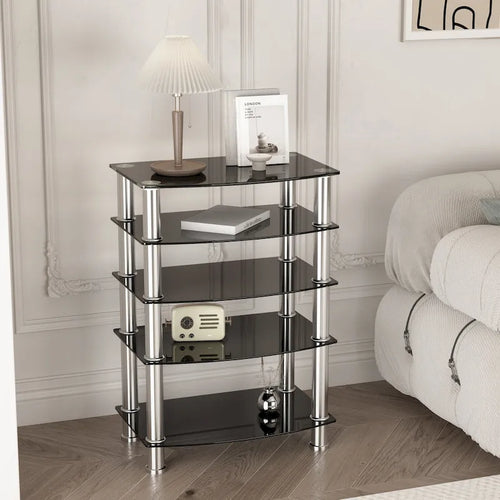 Table d'appoint à 5 niveaux en verre trempé avec cadre en acier inoxydable, table de chevet pour salon, chambre à coucher, noire