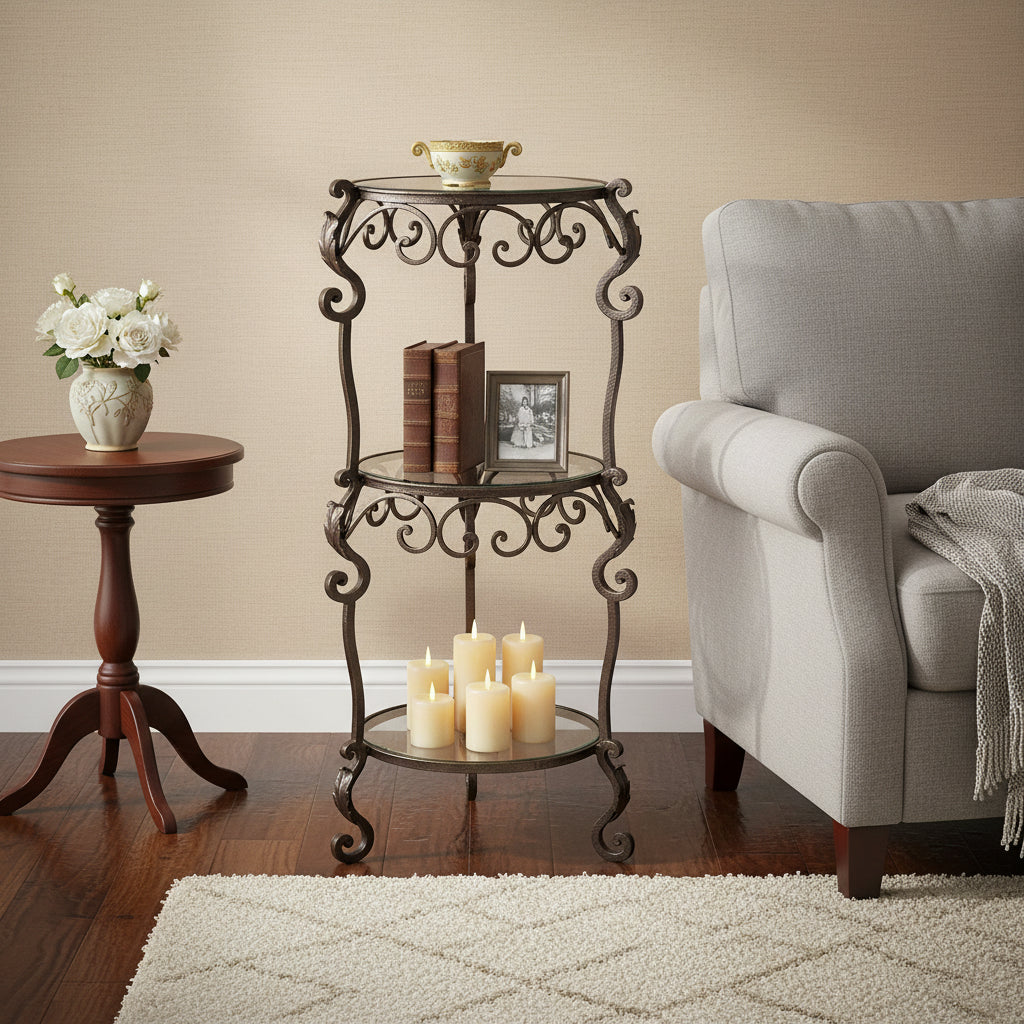 3 Tier Bronze Iron Acanthus Leaf Table with Beveled Glass - 12.5x12.5x34