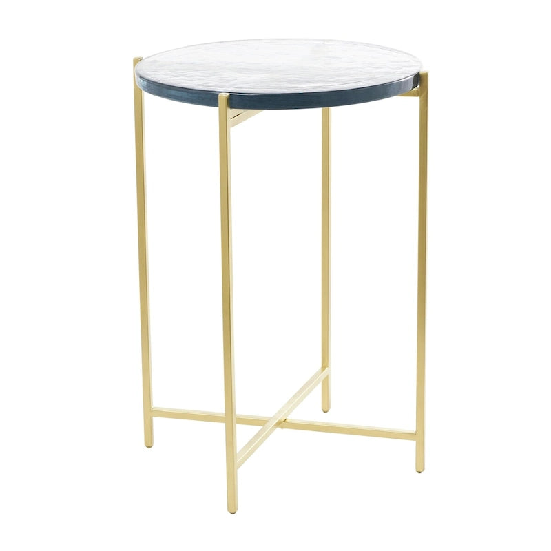 Table d'appoint latérale en métal en forme de X avec plateau en verre texturé - Or ou Noir
