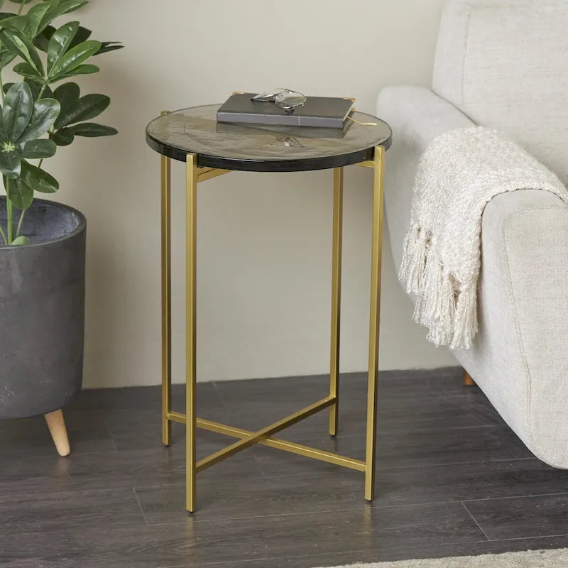 Table d'appoint latérale en métal en forme de X avec plateau en verre texturé - Or ou Noir