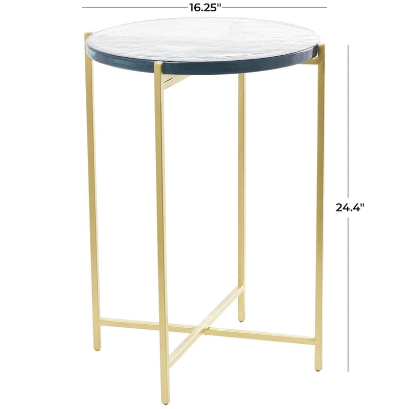 Table d'appoint latérale en métal en forme de X avec plateau en verre texturé - Or ou Noir