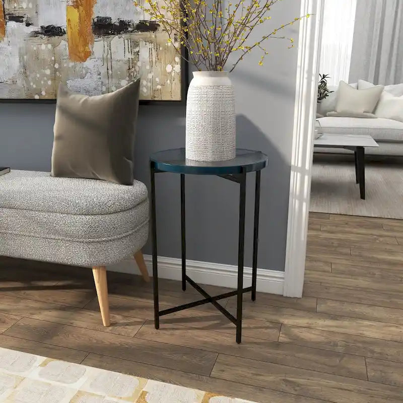Table d'appoint latérale en métal en forme de X avec plateau en verre texturé - Or ou Noir