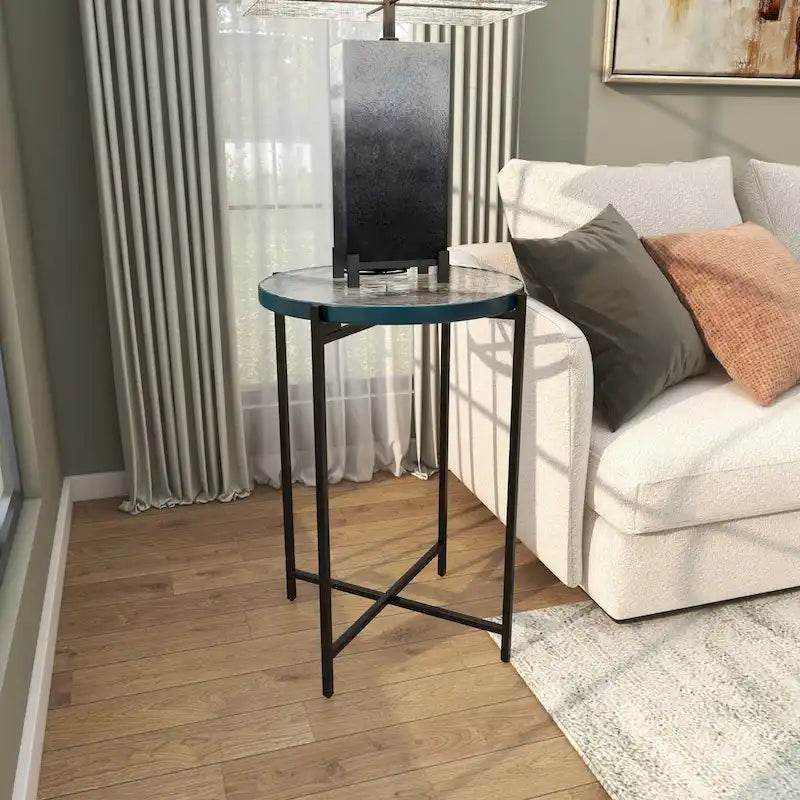 Table d'appoint latérale en métal en forme de X avec plateau en verre texturé - Or ou Noir
