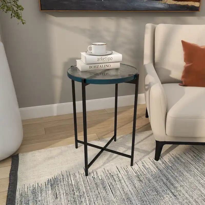 Table d'appoint latérale en métal en forme de X avec plateau en verre texturé - Or ou Noir