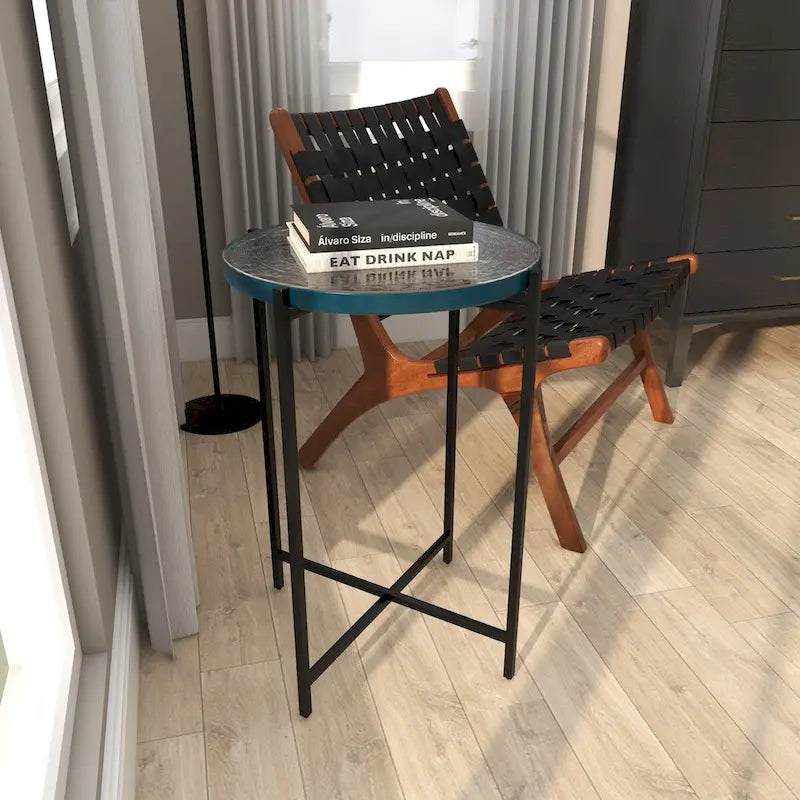 Table d'appoint latérale en métal en forme de X avec plateau en verre texturé - Or ou Noir