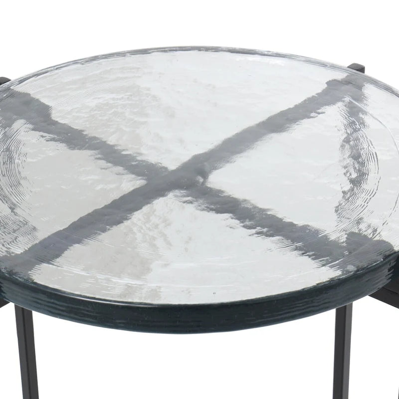 Table d'appoint latérale en métal en forme de X avec plateau en verre texturé - Or ou Noir